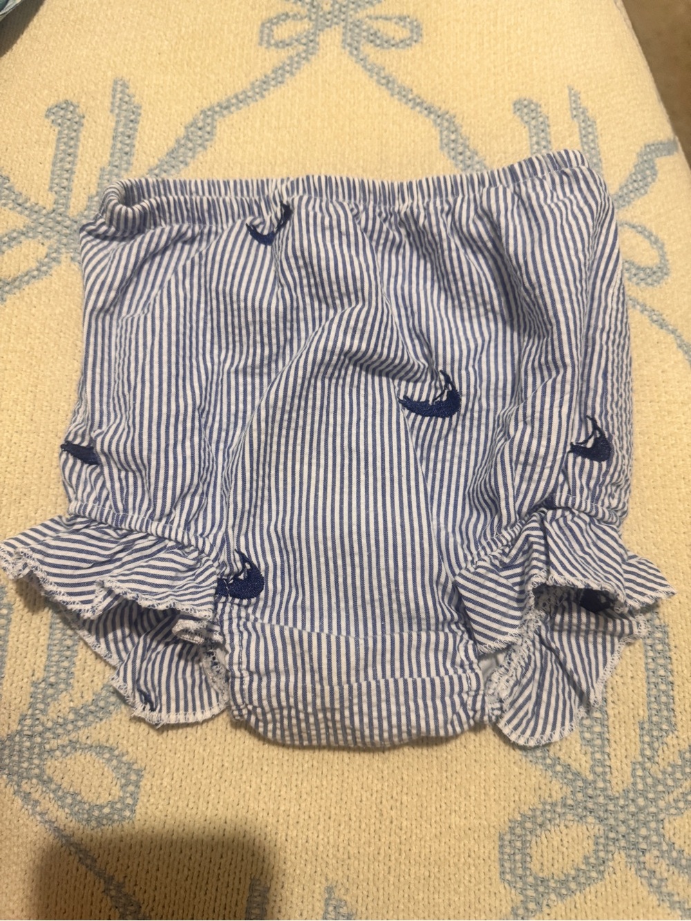 Striped Nantucket Island Embroidered Blue Ruffle Baby Bloomers / Bathing Suit